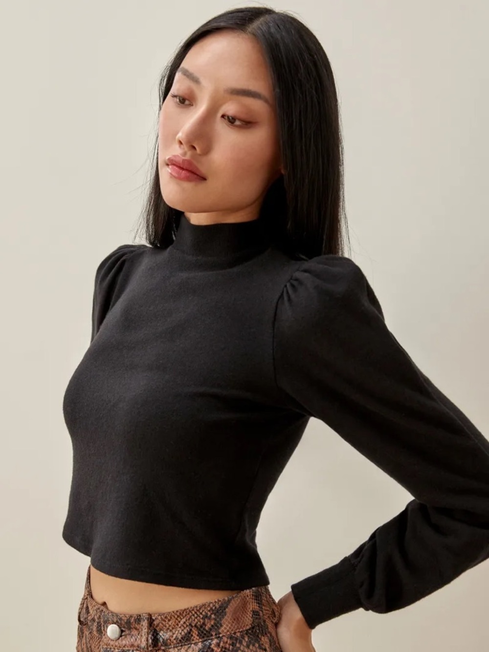 Reformation‎ Cydney Black Puff Sleeve Mock Neck Sweater Top Women's Sz Medium
